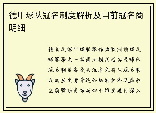 德甲球队冠名制度解析及目前冠名商明细