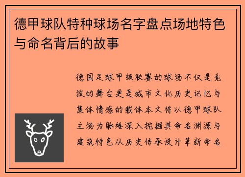 德甲球队特种球场名字盘点场地特色与命名背后的故事
